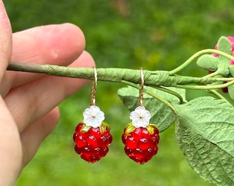 Sweet Raspberry Earrings. Dainty Lampwork Raspberry Earrings: Dangle, Mother of Pearl Flower Accents, sterling silver or yellow gold filled