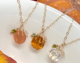 Sweet Pumpkin Necklace. Dainty Pumpkin Fall, Halloween Necklace / Gold, Rose Gold, Sterling Silver Pumpkin Jewelry / Glass Pumpkin Necklace