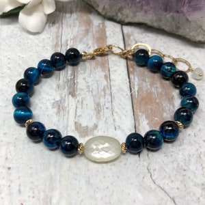 Luna Bracelet. White moonstone & Blue Tiger’s eye bracelet/ Dainty Beaded White Moonstone Bracelet / Gold Filled Beaded Adjustable Bracelet