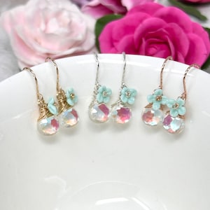 Floret Earrings. Dainty Rainbow Quartz Earrings: Mint Green Lampwork Flower, Sterling Silver, Gold Filled, Rose Gold Filled