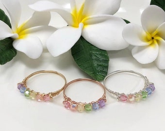 Aloha Ring. Dainty Rainbow Crystal Ombré Bar Ring/ Dainty Rainbow Ring Gold Silver Rose Gold / Pink Purple Green Blue Peach Yellow Ring