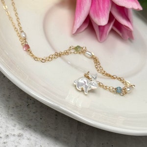 Briar Bunny Necklace. Dainty White Bunny Necklace: Mother of Pearl Bunny Pendant, Pearl and Crystal Chain, Silver, Gold or Rose Gold Filled