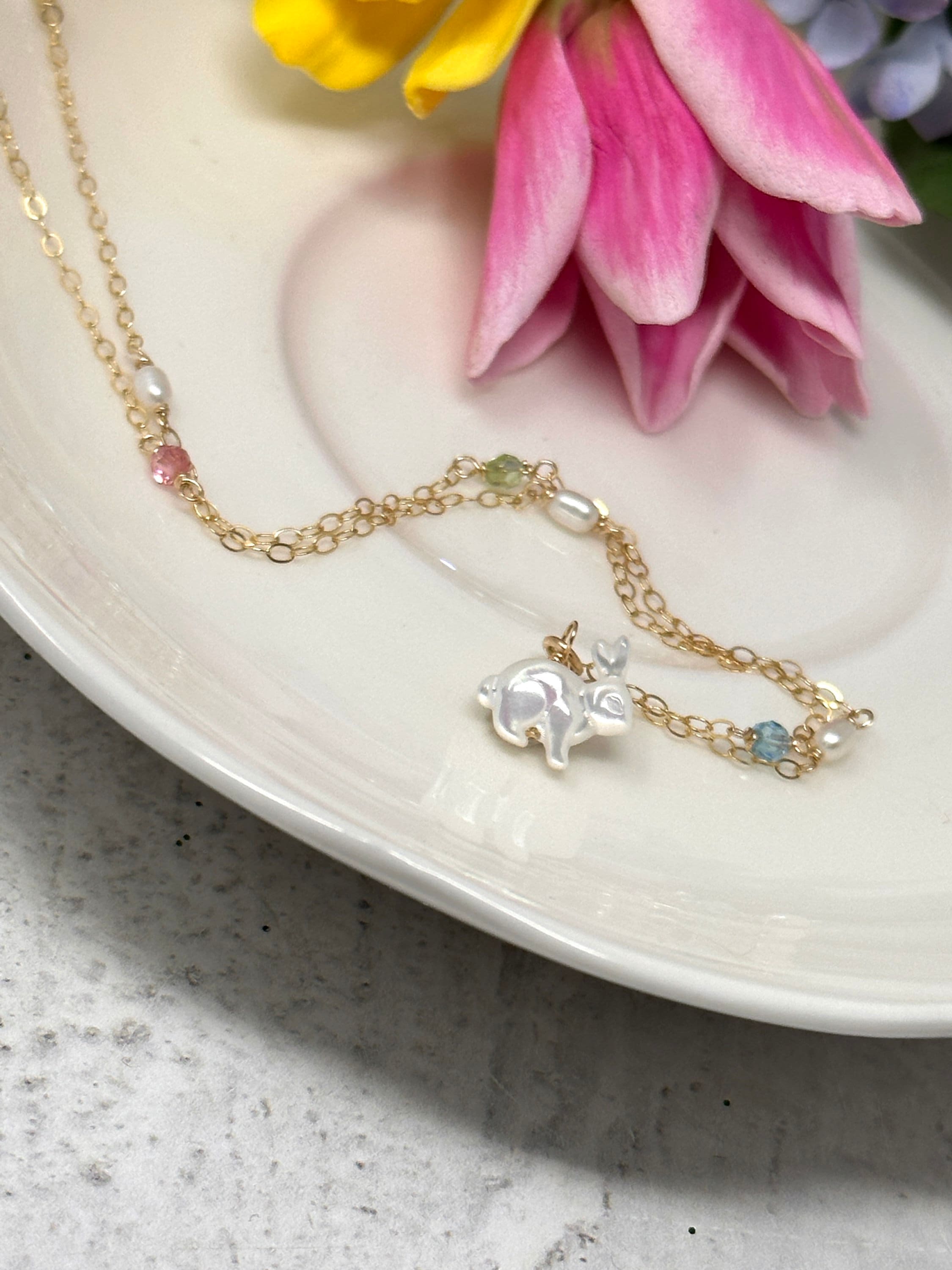 Briar Bunny Necklace. Dainty White Bunny Necklace: Mother of Pearl Bunny Pendant, Pearl and Crystal Chain, Silver, Gold or Rose Gold Filled