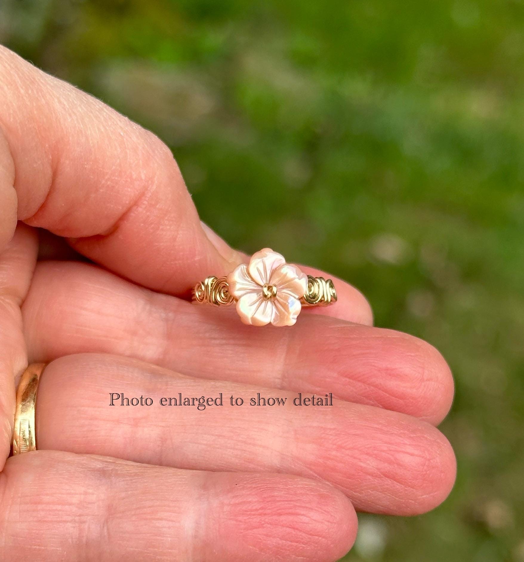 Fleur Du Paradis Ring. Dainty Hibiscus Ring: Mother of Pearl