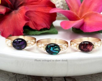 Kaihana Ring. Dainty Oval Abalone and Pearl Ring: Wire Wrapped Mermaid Jewelry, Choose your Abalone Color / Beach Ring / Paua Shell Ring