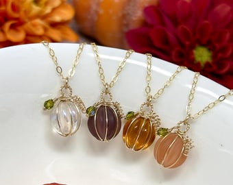 Sweet Pumpkin Necklace. Dainty Glass Pumpkin Necklace: Silver, Yellow or Rose Gold, Choose Color / Fall, Halloween, Pumpkin Jewelry