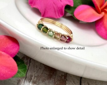 Sandía Ring. Dainty Multiple Watermelon Tourmaline Bead Ring: Gold Filled, Sterling Silver, Size Inclusive, Wire Wrapped
