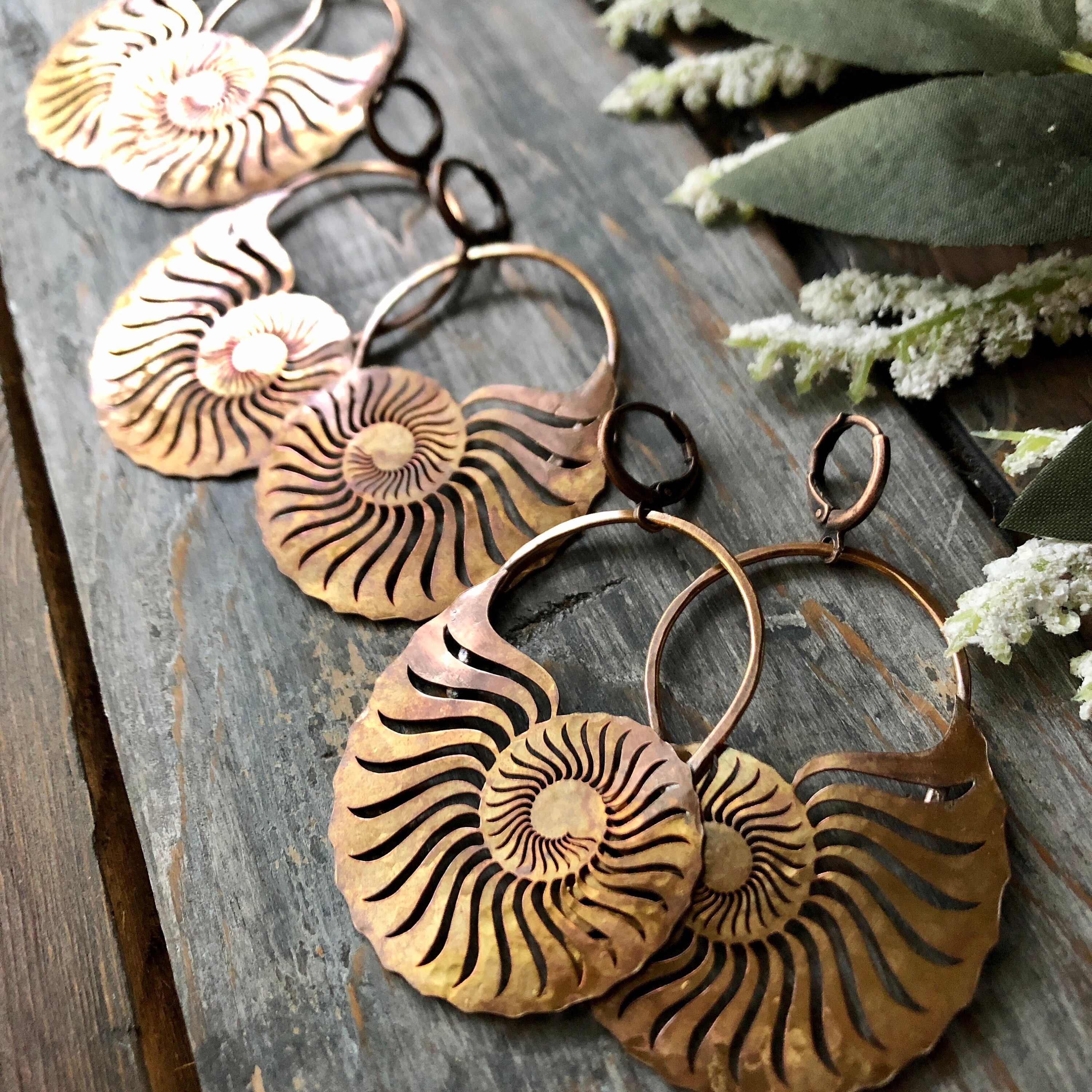 Made to order~ Rustic Nautilus Patina Copper Earrings, Copper Earring…