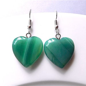 Emerald green banded agate gem stone dangle earrings for pierced ears.