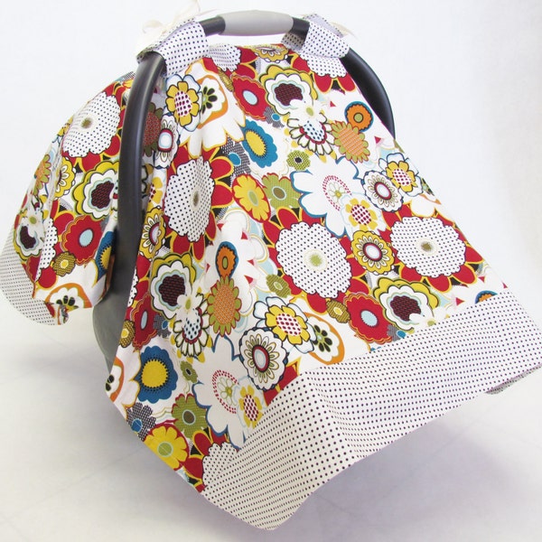 Infant Car Seat Cover, Baby Canopy, Polka Dot and Flowers in Ivory