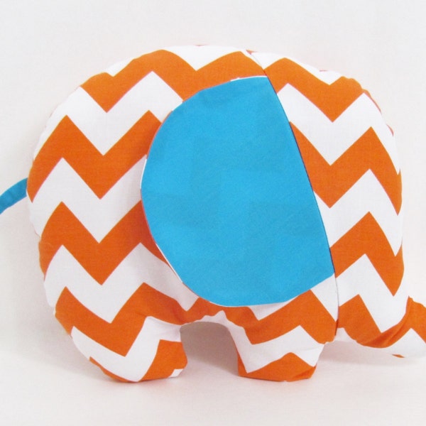 Orange Chevron and Aqua Elephant Baby Toy Pillow, Nursery Pillow Decor, Photography Prop