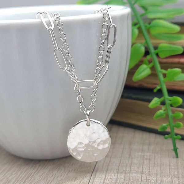 Sterling Silver Hammered Coin & Paperclip Necklace / Coin / Thick Disc / Hammered Disc Pendant / Layering Set