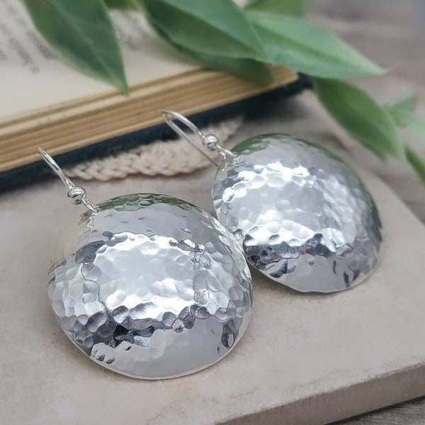 Large or X-Large Sterling Hammered Round Disc Earrings / Domed Disc Earrings /