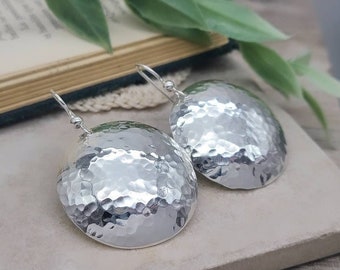 Hammered Sterling Silver Large Domed Disc Earrings,