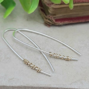 Sterling Silver Gold Wrapped Threader Earrings / Threaders / Thin Earrings