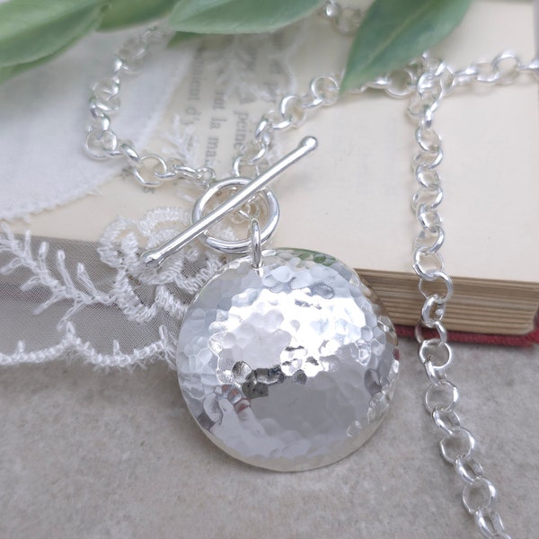 Large Sterling Silver Disc Necklace / Hammered Disc Necklace / Front Clasp Necklace / Silver Disc Necklace