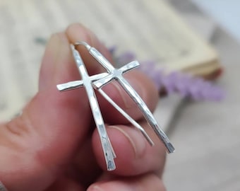 Sterling Silver Hammered Cross Earrings / Threader / Arc