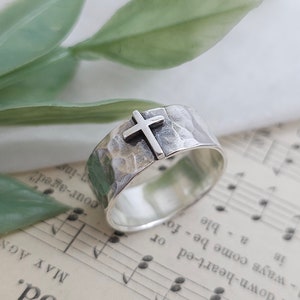 Sterling Silver Cross Ring / Old Rugged Cross / Faith / Rustic / Wide Band