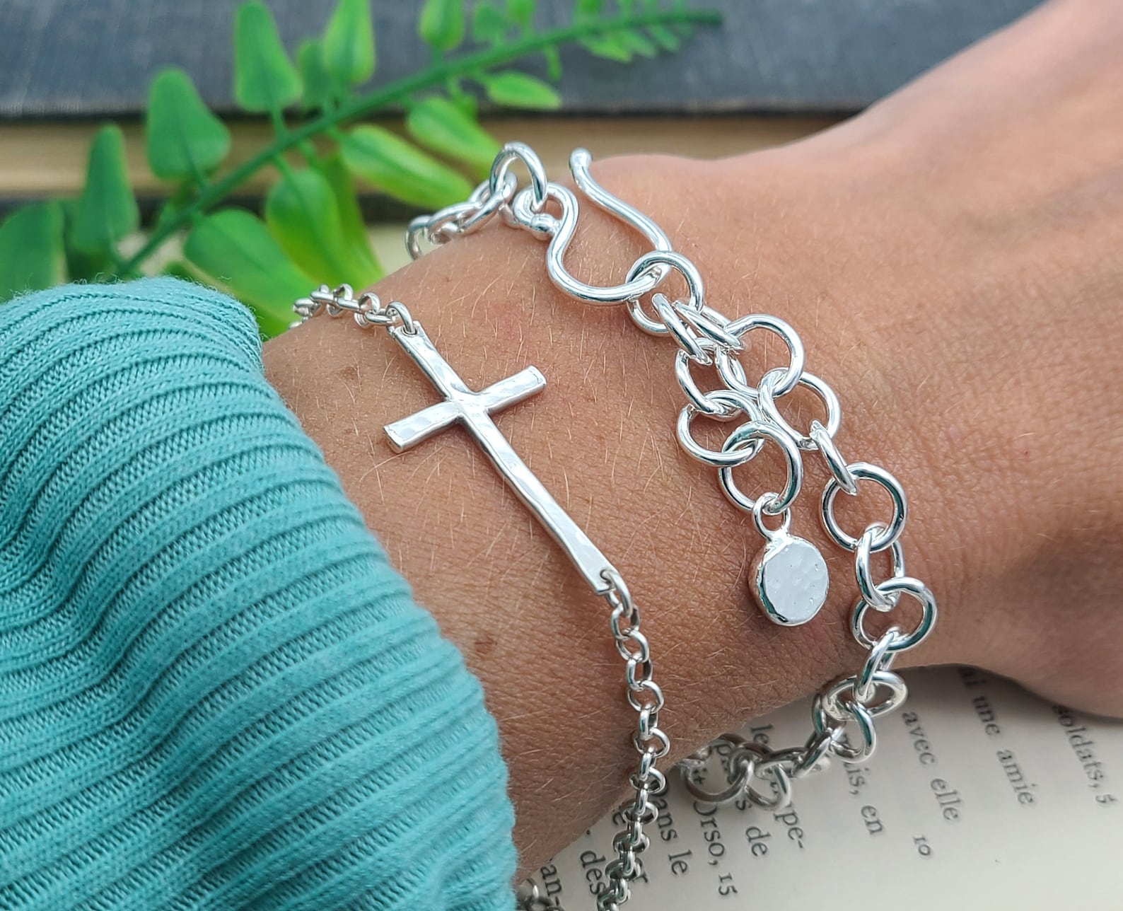 Sterling Hammered Sideways Cross Bracelet / Cross Bracelet / Etsy