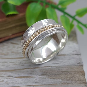 Sterling Silver and Gold Beaded Spinner Ring / Fidget Ring / Meditation Ring / Wide Band Ring