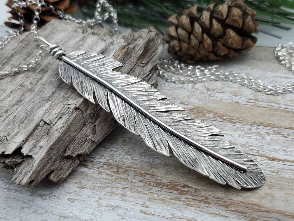 Long Sterling Feather Necklace / Long Necklace / Silver | Etsy