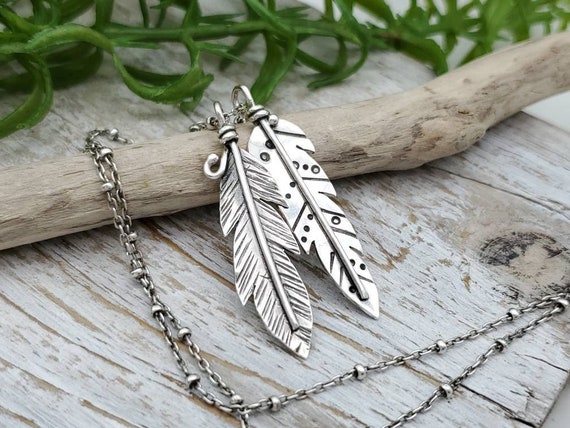 Sterling Silver Feather Boho Charm Necklace | Etsy