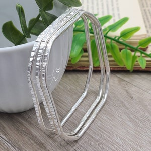 Sterling Silver Bangle Bracelet / Square / Hammered
