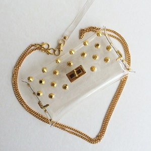 Mini Deluxe Clutch Bag with String Chain & Strap wrist, Mini Deluxe Bag, Clear Clutch/ Iphone Case/ Iphone Plus/ Gold/ Studs/ Mini Size