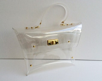 Transparent Vinyl Clutch: Handmade Clear Party Handbag with Gold Accessory
