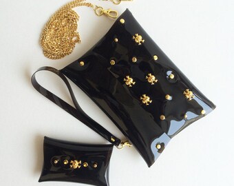 Handmade Skull Vinyl Clutch: Clear Party Purse with Wrist Strap & String chain