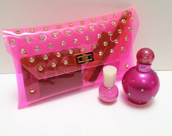 Handmade Clear Vinyl Clutch Bag: Transparent Party Purse with Diamond