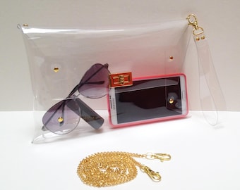 Clear Vinyl Clutch: Handmade See-Through Purse with Gold Chain & Wrist
