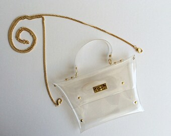 Clear Clutch Bag with Gold Chain: Handmade Vinyl Crossbody
