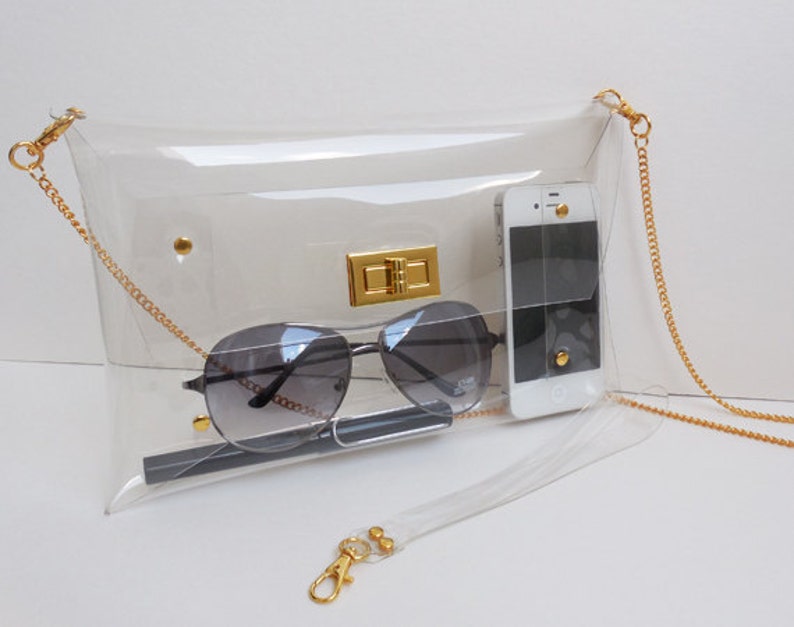 Classic Clear stadium bag, Clear stadium purse, Clear stadium bag crossbody, Transparent bag ,Classic Clear Clutch Bag, Medium/ Gold 