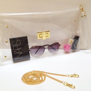 Over Size Transparent Clear Clutch Bag with Chain for Shoulder and Strap Wrist,Transparent Purse,Clear Bag,Clutch,Bag:Gold accessory