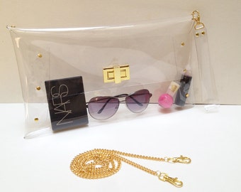 Oversized Clear Vinyl Clutch Bag with Gold Chain Strap