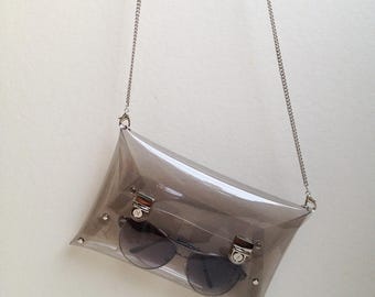 Handmade Clear Vinyl Bag: Transparent Crossbody Bag, Wrist Strap
