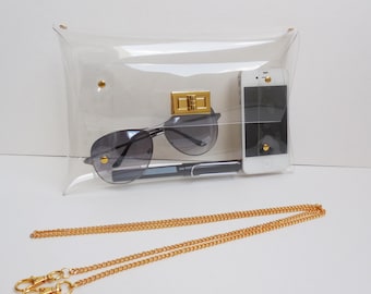 Handmade Clear Vinyl Clutch Bag with Gold Chain, Concert Bag Medium