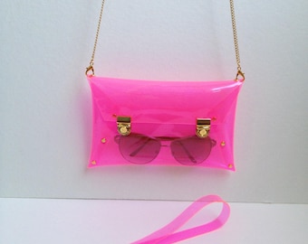 Pink Clear Vinyl Clip Bag: Handmade Crossbody Party Bag, Medium size