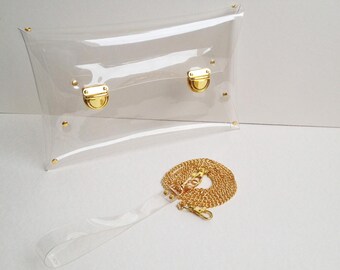 Clear Vinyl Clip Bag: Handmade Transparent Party Purse with Gold Strap, Big Size