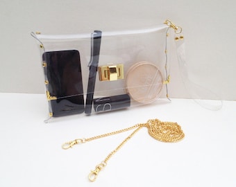 Handmade Clear Vinyl Clutch: Medium See-Through Purse with Chain & Wrist Strap