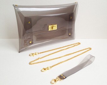 Light Grey Classic Clutch Purse with string chain and strap for wrist,Clear Purse, Summer Bag, Party Clutch, Purse/ Big Size/ Gold accessory