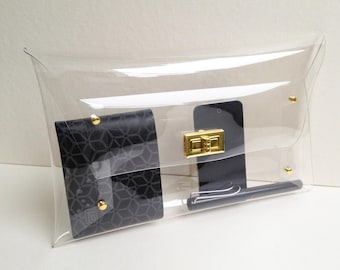 Handmade Clear Vinyl Clutch Bag: Transparent Purse with Gold Accessory