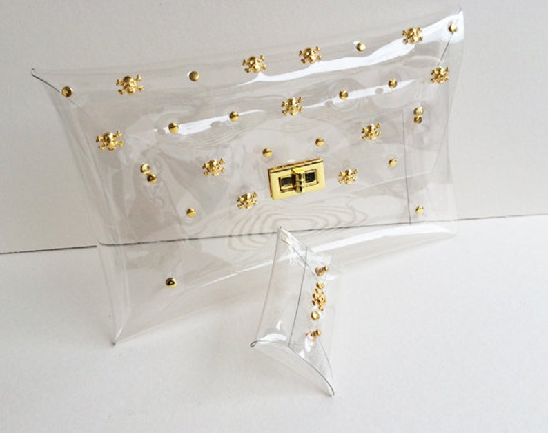 Gold Skull Clear Clutch, Skull Clutch Bag, Skull Bag, Clear Clutch, Purse, Clutch, Clear Bag with mini clutch image 2