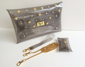 A Set of Gold Skull Clear Clutch with Chain Shoulder strap wrist, Skull Clutch, Transparent  Bag, Clear Clutch, Clutch, Bag, Purse/ Big