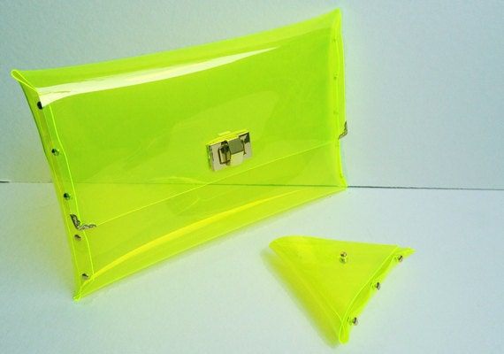 Handmade Clear Vinyl Clutch Bag: Neon Lime Green See-Through Purse