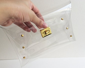 Handmade Clear Vinyl Clutch Purse: Medium Party Bag with Gold Accessory