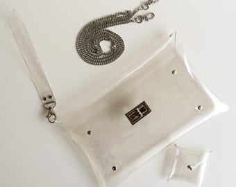 Handmade Clear Vinyl Clutch: Medium Crossbody Bag with Chain Strap