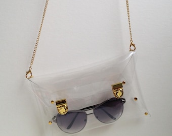 Handmade Clear Vinyl Bag: Transparent Bag with Gold Chain Strap, Medium size