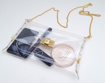 Handmade Clear Vinyl Crossbody Clutch: Stadium Bag with Gold Chain